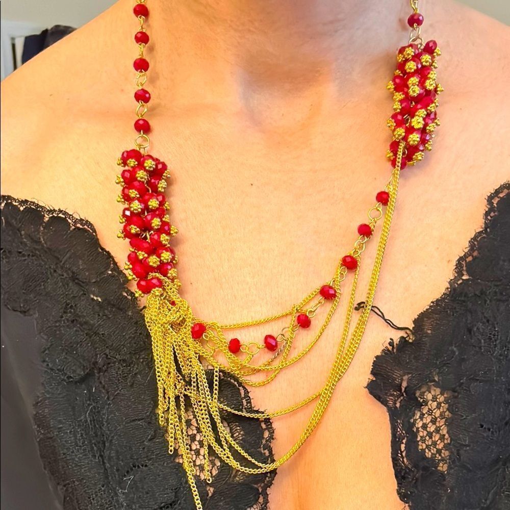 Vintage Gold Tone Dark Red Beaded Gold Layer Chain Drape Necklace 22"
